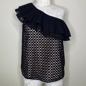 J CREW Black Eyelet One-Shoulder Top